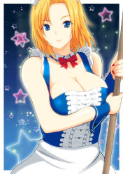 Rule 34 | 1girl, alternate costume, apron, bare shoulders, blonde hair, blue eyes, bow, bowtie, breast hold, breasts, cleavage, closed mouth, dead or alive, detached collar, enmaided, kettsu, large breasts, looking at viewer, maid, nail polish, red bow, red bowtie, red nails, short hair, smile, solo, star (symbol), tina armstrong, upper body, waist apron, wrist cuffs