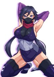 Rule 34 | 10s, 1girl, armpits, arms up, ayame (gundam build divers), black hair, black thighhighs, boots, breasts, cleavage, commentary request, covered mouth, elbow gloves, gloves, gundam, gundam build divers, hair between eyes, half mask, highres, hip armor, japanese clothes, kimono, kneeling, large breasts, long hair, looking at viewer, mask, mouth mask, ninja, ninja mask, ozaneko, ponytail, purple eyes, purple gloves, scarf, shiny clothes, shiny skin, short kimono, sideboob, simple background, sleeveless, sleeveless kimono, solo, thighhighs, thighhighs under boots, thighs, white background