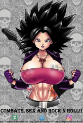 Rule 34 | 10s, 1girl, aaron broscli, abs, black eyes, black hair, breasts, caulifla, cleavage, dragon ball, dragon ball super, electric guitar, female focus, fingerless gloves, gloves, guitar, huge breasts, instrument, large breasts, looking at viewer, purple gloves, skull, source request, spiked hair, tagme, tattoo, tattoo on hips, text focus