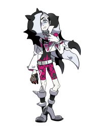 Rule 34 | 1boy, absurdres, aqua eyes, artist request, bangle, belt, bike shorts, black hair, black shirt, boots, bracelet, choker, closed mouth, creatures (company), cropped jacket, full body, game freak, gloves, grey footwear, grey hair, gym leader, hair over one eye, half-closed eyes, hand up, heel up, highres, holding, holding poke ball, jacket, jewelry, knee boots, long hair, long sleeves, looking down, male focus, multicolored hair, nintendo, official art, outline, piers (pokemon), pink shorts, poke ball, poke ball (basic), pokemon, pokemon swsh, shirt, shorts, simple background, solo, standing, transparent background, two-tone hair, white jacket, white outline