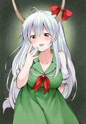 Rule 34 | 1girl, :d, ahoge, blush, bow, breasts, collarbone, commentary request, cowboy shot, dress, ex-keine, green background, green dress, hair between eyes, hand up, highres, horn bow, horn ornament, horns, kamishirasawa keine, large breasts, leaning forward, light particles, long hair, looking at viewer, nanana (chicken union), open mouth, pinafore dress, puffy short sleeves, puffy sleeves, red bow, red eyes, short sleeves, silver hair, simple background, sleeveless dress, smile, solo, tail, touhou, very long hair, ||/