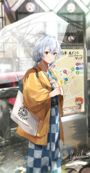 Rule 34 | 1girl, absurdres, alternate costume, bag, blue kimono, brown coat, car, checkered clothes, checkered kimono, city, coat, commentary request, fate/grand order, fate (series), fujimaru ritsuka (female), hair between eyes, highres, holding, holding umbrella, japanese clothes, kimono, light blush, light smile, long hair, looking at viewer, motor vehicle, raincoat, red eyes, signature, silver hair, solo, tomoe gozen (fate), transparent, transparent umbrella, umbrella, vegetablenabe