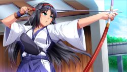 Rule 34 | 1girl, aiming, archery, arrow (projectile), black hair, blush, bow (weapon), break! the rematch part 1, breasts, cleavage, day, floating hair, game cg, gloves, green eyes, hairband, highres, holding, holding bow (weapon), holding weapon, japanese clothes, kyuudou, large breasts, light blush, long hair, looking away, magukappu, original, outdoors, outstretched arm, parted lips, partially fingerless gloves, partly fingerless gloves, red hairband, sky, solo, standing, tree, upper body, weapon, wide sleeves, yugake