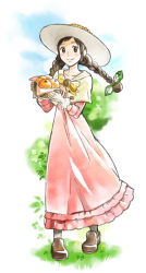 Rule 34 | 1girl, ace attorney, basket, bow, braid, brown eyes, brown hair, capcom, dress, food, fruit, full body, hat, juniper woods, long hair, mikami, orange (fruit), phoenix wright: ace attorney - dual destinies, pink dress, shawl, shoes, smile, solo, twin braids, twintails, yellow bow