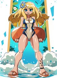 Rule 34 | !, 1girl, absurdres, ankle tattoo, blonde hair, blue eyes, blue one-piece swimsuit, blush, breasts, cleavage, collarbone, flower, hair flower, hair ornament, highres, holding, kickboard, leg tattoo, long hair, looking at viewer, medium breasts, ocean, one-piece swimsuit, open mouth, orange footwear, original, palm tree, sandals, sky, smile, sparkle, standing, sun tattoo, swimsuit, tan, tattoo, teeth, tony welt, tree, water, waves, whistle, whistle around neck