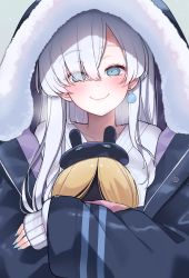 Rule 34 | 1girl, akitokage, anastasia (fate), anastasia (under the same sky) (fate), blue eyes, blush, breasts, coat, doll, fate/grand order, fate (series), hair over one eye, highres, hood, hood up, hooded coat, large breasts, long hair, looking at viewer, smile, very long hair, viy (fate), white hair, winter clothes, winter coat