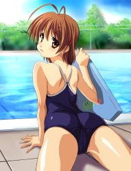 Rule 34 | 00s, 1girl, antenna hair, arm support, ass, back, blush, brown eyes, brown hair, clannad, competition school swimsuit, dango daikazoku, day, from behind, furukawa nagisa, hair ornament, hairclip, highres, kickboard, looking back, non-web source, norizou type-r, one-piece swimsuit, open mouth, outdoors, pool, poolside, school swimsuit, short hair, solo, swimsuit, water