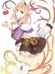 Rule 34 | 10s, 1girl, atelier (series), atelier escha &amp; logy, bad id, bad pixiv id, bracelet, braid, cake, dessert, escha malier, female focus, food, food on face, frown, green eyes, highres, jewelry, looking back, pink hair, plate, short hair, skirt, solo, thighhighs, twintails, wankoo-mikami, white thighhighs