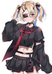 Rule 34 | 1girl, :3, ahoge, avatar 2.0 project, black choker, black jacket, black shirt, black skirt, blonde hair, blue hair, breasts, choker, commission, cowboy shot, crop top, crop top overhang, eyepatch, groin, hair ribbon, hand up, highres, horns, jacket, long hair, long sleeves, looking at viewer, medium breasts, midriff, minase shia, miniskirt, multicolored hair, nail polish, navel, neckerchief, nemun (tamizzz), off shoulder, oni horns, open clothes, open jacket, pink eyes, pleated skirt, revealing clothes, ribbon, sailor collar, sarashi, school uniform, serafuku, shirt, side slit, simple background, skeb commission, skirt, smile, solo, standing, stomach, twintails, two-tone hair, v, virtual youtuber, white background