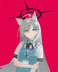 Rule 34 | 1girl, :o, absurdres, ahoge, alternate costume, angel&#039;s 24 uniform (blue archive), animal ear fluff, animal ears, apron, black bow, black bowtie, blue apron, blue archive, bow, bowtie, breasts, eggplus, extra ears, grey hair, halo, highres, lanyard, looking at viewer, medium breasts, mismatched pupils, red background, shiroko (blue archive), shiroko terror (blue archive), short sleeves, simple background, solo, striped bow, striped bowtie, striped clothes, upper body, wolf ears