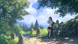 Rule 34 | 1girl, bag, blue sky, brown hair, cloud, day, drinking, drinking straw, forest, leaning back, looking at viewer, milk carton, nature, original, path, pavement, road, scenery, school uniform, shirt, shoulder bag, skirt, sky, solo, summer, you (shimizu)