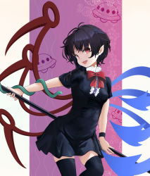 Rule 34 | 1girl, asymmetrical wings, black dress, black hair, black thighhighs, blue wings, bow, bowtie, dress, highres, holding, holding weapon, houjuu nue, looking at viewer, open mouth, pointy ears, polearm, red bow, red eyes, red wings, short dress, short hair, short sleeves, smile, snake, solo, thighhighs, touhou, trident, tsukechi, weapon, wings, zettai ryouiki