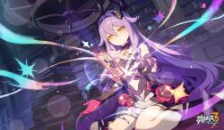 Rule 34 | 1girl, alternate costume, barefoot, book, bookshelf, breasts, chinese commentary, closed mouth, gloves, hair between eyes, highres, honkai (series), honkai impact 3rd, indoors, kneeling, long hair, m legs, official art, official wallpaper, on floor, open hands, purple hair, red gloves, sirin, sirin (miracle magical girl), small breasts, solo, star (symbol), stirrup legwear, toeless legwear, toes, v-shaped eyebrows, very long hair, yellow eyes