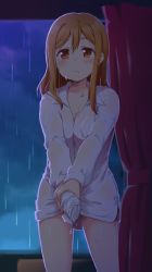 Rule 34 | 1girl, ayami chiha, breasts, brown eyes, brown hair, cleavage, closed mouth, commentary request, curtains, kunikida hanamaru, long hair, long sleeves, looking at viewer, love live!, love live! sunshine!!, medium breasts, naked shirt, rain, shirt, solo, standing, wet, wet clothes, white shirt, wringing clothes