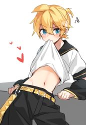 Rule 34 | 1boy, arm warmers, artist logo, belt, black collar, black shorts, blonde hair, blue eyes, blush, clothes in mouth, clothes lift, collar, collared shirt, commentary, cowboy shot, groin, heart, kagamine len, leaning forward, licking, looking at viewer, male focus, midriff, minahoshi taichi, mouth hold, navel, raised eyebrow, sailor collar, shirt, shirt in mouth, shirt lift, short ponytail, short sleeves, shorts, solo, spiked hair, squiggle, stomach, vocaloid, white shirt