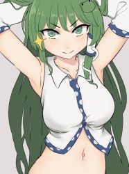 Rule 34 | 1girl, :&gt;, armpits, arms up, bare shoulders, breasts, bright pupils, collarbone, crop top, detached sleeves, frog hair ornament, green eyes, green hair, hair flowing over, hair ornament, hair tubes, hands in hair, highres, kochiya sanae, large breasts, light blush, long hair, looking at viewer, marsen, midriff, navel, shirt, sidelocks, simple background, snake hair ornament, solo, sparkle, touhou, upper body, v-shaped eyebrows, very long hair, white background, white pupils, white shirt