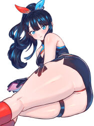 Rule 34 | 1girl, absurdres, ass, bare shoulders, black gloves, black hair, black skirt, blue eyes, blue ribbon, breasts, cellphone, clothes lift, crop top, floating hair, gloves, gridman universe, hair ribbon, highres, holding, holding phone, kneepits, leg tattoo, long hair, looking at viewer, medium breasts, microskirt, miniskirt, official alternate costume, official alternate hairstyle, panties, parted lips, phone, ponytail, raid (donghyeok), red panties, red ribbon, red socks, ribbon, simple background, skindentation, skirt, skirt lift, smartphone, smile, socks, solo, ssss.gridman, standing, string panties, takarada rikka, tattoo, thick thighs, thigh focus, thigh strap, thighs, turning head, underbutt, underwear, white background