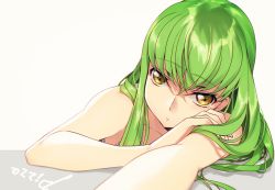 Rule 34 | 1girl, bare arms, beige background, c.c., closed mouth, code geass, creayus, foreshortening, green hair, head rest, long hair, looking at viewer, sidelocks, simple background, solo, upper body, yellow eyes