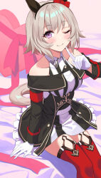 Rule 34 | 1girl, animal ears, asato (fadeless), bare shoulders, black hairband, blush, curren chan (umamusume), dress, ear covers, finger to cheek, gloves, grey hair, hairband, highres, horse ears, horse girl, looking at viewer, off-shoulder jacket, off shoulder, purple eyes, red thighhighs, short hair, sitting, smile, solo, striped clothes, striped dress, thighhighs, umamusume, vertical-striped clothes, vertical-striped dress, white gloves