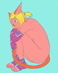 Rule 34 | 1girl, animal ears, blonde hair, blue background, blue eyes, breasts, cat ears, cat girl, cat tail, closed mouth, dark-skinned female, dark skin, elbow gloves, final fantasy, final fantasy xi, fingerless gloves, flat color, full body, gloves, medium breasts, mithra (ff11), no eyebrows, nude, purple gloves, short hair, simple background, solo, tail, toeless footwear, toenails, yuccoshi