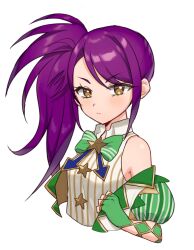 Rule 34 | 1girl, absurdres, bare shoulders, bow, closed mouth, collared shirt, commentary request, cropped torso, gold trim, green bow, green jacket, highres, hourai ninjin, idol clothes, jacket, long hair, looking at viewer, off shoulder, pretty series, pripara, purple hair, shirt, side ponytail, sidelocks, simple background, sleeveless, sleeveless shirt, solo, striped clothes, striped shirt, toudou shion, undressing, upper body, vertical-striped clothes, vertical-striped shirt, white background, white shirt, yellow eyes