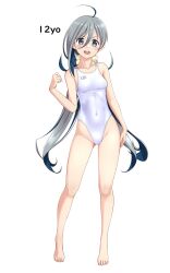 Rule 34 | 1girl, absurdres, ahoge, bare shoulders, barefoot, breasts, clothes writing, collarbone, commentary request, competition swimsuit, covered navel, full body, grey eyes, grey hair, hair between eyes, highres, kantai collection, kiyoshimo (kancolle), kiyoshimo kai ni (kancolle), long hair, low twintails, one-piece swimsuit, open mouth, round teeth, simple background, small breasts, solo, swimsuit, takafumi, teeth, twintails, upper teeth only, variant set, very long hair, white background, white one-piece swimsuit
