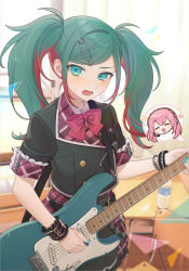 Rule 34 | 1girl, absurdres, blush, chibi, chibi inset, flustered, green eyes, green hair, guitar, hair ornament, hairclip, hatsune miku, highres, holding, holding instrument, indoors, instrument, leo/need (project sekai), leo/need luka, leo/need miku, megurine luka, multicolored hair, pink hair, project sekai, school uniform, solo, twintails, vocaloid, vs0mr