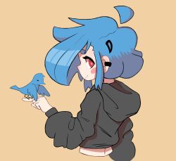 Rule 34 | 1girl, absurdres, ahoge, bird, black hoodie, blue bird, blue eyes, blush stickers, brown background, denver (troolou), detached ahoge, earrings, hair ornament, hairclip, highres, hood, hoodie, jewelry, original, red eyes, simple background, solo, troolou, upper body