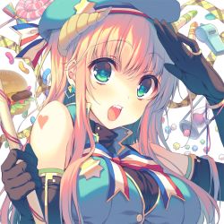 Rule 34 | 1girl, :o, aqua eyes, black gloves, blonde hair, blush, candy, crayon, elbow gloves, food, gloves, burger, hat, heart, heart tattoo, hourglass, lollipop, long hair, looking at viewer, original, reia, salute, solo, tattoo, upper body, whistle
