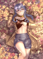 Rule 34 | 1girl, alternate costume, autumn, autumn leaves, black shirt, blue eyes, blurry, blurry foreground, breasts, brown coat, choker, clothes lift, coat, collarbone, day, depth of field, earrings, glasses, gotland (kancolle), grey hair, grey shorts, hoop earrings, jewelry, kantai collection, knee up, lifted by self, long sleeves, looking at viewer, medium breasts, midriff, mole, mole under eye, nail polish, off shoulder, on ground, one eye closed, open clothes, open coat, outdoors, panties, panty peek, parted lips, plaid, plaid shorts, ponytail, red nails, rimless eyewear, ryu-akt, shirt, shirt lift, shorts, sidelocks, single bare shoulder, smile, solo, underboob, underwear, upshorts, white panties, yellow choker