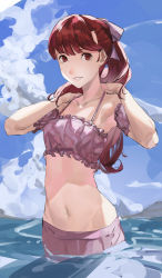 Rule 34 | 1girl, absurdres, bikini, blazpu, blue sky, cloud, female focus, frilled bikini, frills, highres, looking at viewer, matching hair/eyes, navel, parted lips, partially submerged, persona, persona 5, persona 5 the royal, ponytail, red eyes, red hair, sky, smile, solo, swimsuit, swimsuit skirt, water, yoshizawa kasumi