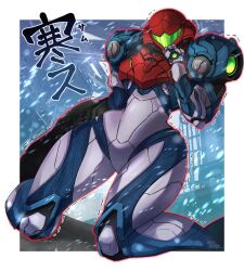 1girl arm_cannon armor assault_visor blue_armor border helmet highres kneeling looking_at_viewer metroid metroid_dread nintendo power_armor power_suit power_suit_(metroid) red_helmet samus_aran snow solo thick_thighs thighs trembling wakaba_(wata_ridley) weapon white_border wide_hips