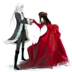 Rule 34 | 1boy, 1girl, bare shoulders, blue eyes, boots, bow, coat, dress, fuse (sound horizon), fuse (xiayu), hair ribbon, hetero, hiver laurant, holding hands, long hair, michele malebranche, ponytail, red dress, red theme, ribbon, roman (sound horizon), sound horizon, white hair
