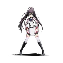 Rule 34 | 10s, 1girl, alpha transparency, black footwear, black hair, blue eyes, blue ribbon, boots, divine gate, full body, grey ribbon, hair between eyes, hair ribbon, hands on own hips, high ponytail, infinite stratos, knee boots, long hair, looking at viewer, neck ribbon, official art, ribbon, shinonono houki, solo, thighhighs, transparent background, ucmm, uniform, very long hair, white thighhighs