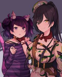 Rule 34 | 2girls, :o, animal ear fluff, animal ears, bell, belt, black hair, bow, brown gloves, camouflage, camouflage headwear, cat ears, cat tail, chain, collarbone, crop top, diagonal bangs, earrings, fang, fingerless gloves, gloves, hand on another&#039;s chin, hands up, hanetsuka, highres, idolmaster, idolmaster shiny colors, jewelry, jingle bell, long hair, long sleeves, looking at viewer, multicolored hair, multiple girls, navel, off shoulder, open mouth, orange bow, pink hair, ponytail, purple hair, purple shirt, shirase sakuya, shirt, short sleeves, sidelocks, sleeves past wrists, star (symbol), stomach, striped clothes, striped shirt, sweat, tail, tanaka mamimi, tilted headwear, twintails, two-tone hair, upper body, v-shaped eyebrows