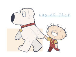 Rule 34 | 2boys, animal collar, black eyes, brian griffin, collar, dirty, dog, family guy, highres, holding hands, multiple boys, overalls, red overalls, shirt, stewie griffin, tian niunai hezi, white dog, yellow shirt