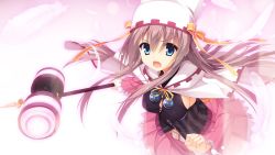 Rule 34 | 1girl, belt, blue eyes, brown hair, capelet, falling feathers, feathers, game cg, hammer, hat, kobuichi, long hair, magical girl, non-web source, open mouth, pink theme, ribbon, sanoba witch, shiiba tsumugi, skirt, solo, white hat