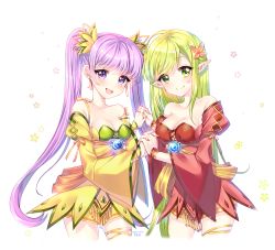Rule 34 | 2girls, aisha landar, bare shoulders, blush, breasts, cleavage, dress, earrings, elf, elsword, festival, flower, flower (symbol), gem, hair flower, hair ornament, hair ribbon, highres, holding hands, jewelry, large breasts, long hair, medium breasts, multiple girls, open mouth, pointy ears, rena erindel, ribbon, smile, twintails, xes (xes 5377)