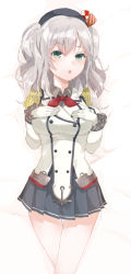 Rule 34 | 10s, 1girl, absurdres, blue eyes, breasts, female focus, gloves, highres, kantai collection, kashima (kancolle), large breasts, long hair, lying, military, military uniform, miniskirt, mugcup, silver hair, skirt, solo, twintails, uniform, wavy hair