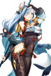 Rule 34 | 1girl, armor, blue eyes, bodysuit, braid, breast curtains, breasts, clothing cutout, detached sleeves, elbow gloves, fingerless gloves, genshin impact, gloves, hair over one eye, highres, legs together, looking at viewer, low-braided long hair, low-tied long hair, murakami yuichi, one eye covered, pole, shenhe (genshin impact), side cutout, silver hair, solo, thighs
