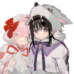 Rule 34 | 2girls, akemi homura, alternate costume, animal costume, animal hands, animal hood, black hair, black hairband, bow, center frills, choker, cloak, expressionless, fangpili, frills, fur-trimmed hood, fur trim, grey cloak, grey jacket, hairband, highres, holding another&#039;s tail, holding tail, hood, hood up, hooded cloak, jacket, kaname madoka, long hair, long sleeves, looking ahead, looking to the side, mahou shoujo madoka magica, mahou shoujo madoka magica (anime), multiple girls, neck ribbon, pink eyes, pink hair, purple eyes, red bow, red choker, ribbon, short hair, sidelocks, simple background, tail, upper body, white background, wolf costume, wolf hood, wolf paws, wolf tail