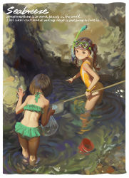 Rule 34 | 2girls, absurdres, alphonse (white datura), ass, bag, beach, bikini, bikini skirt, brown hair, bucket, casual one-piece swimsuit, english text, fish, goggles, goggles on head, green bikini, grin, highres, kneepits, legs, long hair, multiple girls, net, ocean, one-piece swimsuit, original, outdoors, outstretched arm, plastic bag, pointing, short hair, smile, snorkel, swimsuit, twintails, wading, water, yellow one-piece swimsuit