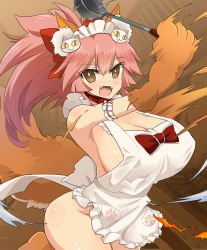 Rule 34 | 1girl, animal ear fluff, animal ears, animal hands, apron, arm garter, bare shoulders, bell, blush, bow, breasts, brown background, brown eyes, cat hair ornament, cleavage, collar, fangs, fate/extra, fate/grand order, fate (series), fox ears, fox girl, fox tail, gloves, gradient background, hair between eyes, hair bow, hair ornament, huge breasts, jingle bell, ladle, long hair, looking at viewer, maid headdress, naked apron, neck bell, open mouth, oro (zetsubou girl), paw gloves, paw print, paw shoes, pink hair, ponytail, red bow, shoes, sideboob, sidelocks, smile, solo, tail, tamamo (fate), tamamo cat (fate), tamamo cat (third ascension) (fate)