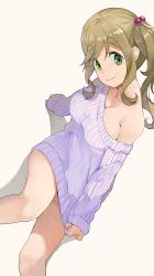 Rule 34 | 1girl, bare shoulders, beige background, breasts, brown hair, cleavage, closed mouth, fang, green eyes, hair bobbles, hair ornament, highres, hiroki (yyqw7151), inuyama aoi, legs, long hair, looking at viewer, medium breasts, naked sweater, off-shoulder sweater, off shoulder, side ponytail, simple background, skin fang, smile, solo, sweater, thick eyebrows, thighs, white sweater, yurucamp