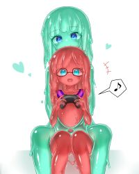 Rule 34 | +++, 2girls, :d, blue eyes, borrowed character, clarissa mariana (earlyej), colored skin, commission, completely nude, curss, glasses, green hair, green skin, heart, highres, long hair, looking at viewer, melting, monster girl, mother and daughter, multiple girls, musical note, nude, open mouth, original, red hair, red skin, ruby (earlyej), simple background, skeb commission, slime girl, smile, spoken musical note, white background