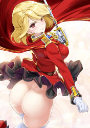 Rule 34 | 1girl, 3:, ass, azur lane, blonde hair, blush, braid, breasts, cape, closed mouth, clothes lift, content rating, crown braid, detexted, dimples of venus, embarrassed, from behind, gloves, highres, huge ass, long sleeves, medium breasts, no panties, nylon (nylon 100%), prince of wales (azur lane), red eyes, short hair, skirt, skirt lift, solo, sweatdrop, swept bangs, sword, thighhighs, third-party edit, warrior, weapon, white gloves, white thighhighs, wind, wind lift