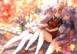 Rule 34 | :d, :o, ahoge, akasaka asa, autumn, autumn leaves, ayanami (azur lane), azur lane, bare shoulders, black skirt, blurry, book, bottle, brown hair, rabbit hair ornament, cola, collarbone, depth of field, hugging doll, dress, closed eyes, girl sandwich, hair bun, hair ornament, headgear, highres, laffey (azur lane), leaf, long hair, long sleeves, maple leaf, miniskirt, hugging object, off-shoulder shirt, off shoulder, open mouth, orange eyes, oversized clothes, paper, parted lips, pavement, pink dress, pleated skirt, purple eyes, purple hair, purple shorts, reclining, red shirt, sandwiched, shirt, short shorts, shorts, single hair bun, sitting, skirt, smile, socks, stuffed winged unicorn, thighhighs, thighs, twintails, undershirt, unicorn (azur lane), very long hair, white legwear, yellow shirt