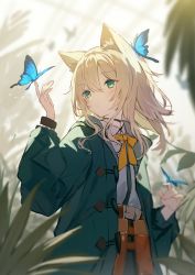 Rule 34 | 1girl, animal ear fluff, animal ears, arknights, belt, black wristband, blonde hair, blue butterfly, blurry, bow, bug, butterfly, commentary, depth of field, dog ears, green eyes, green jacket, hand up, insect, jacket, light blush, long hair, looking at animal, open clothes, open jacket, plant, podenco (arknights), shirt, solo, sutorora, white shirt, wristband, yellow bow