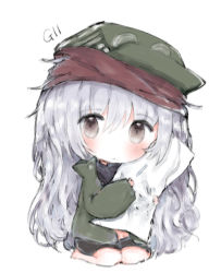 Rule 34 | 1girl, bad id, bad pixiv id, barefoot, black shirt, black shorts, blush, brown eyes, character name, chibi, closed mouth, cottontailtokki, g11 (girls&#039; frontline), girls&#039; frontline, green hat, green jacket, hair between eyes, hat, head tilt, highres, hugging object, jacket, long hair, long sleeves, looking at viewer, open clothes, open jacket, pillow, pillow hug, shirt, short shorts, shorts, silver hair, sitting, solo, very long hair, wariza, white background