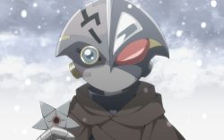 Rule 34 | 1boy, anime coloring, blue eyes, bomber zero, bomberman, bomberman jetters, brown cloak, cloak, clothed robot, day, gradient background, grey background, hand up, heterochromia, highres, holding, holding shuriken, holding weapon, humanoid robot, kuso (reishun), looking at viewer, male focus, no mouth, outdoors, red eyes, robot, shuriken, snowing, solo, straight-on, weapon